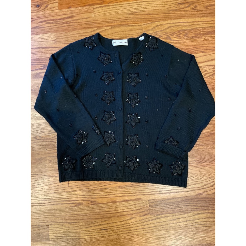 Marisa Christina Women Cardigan Large Black Beaded Floral Wool Blend Sweater